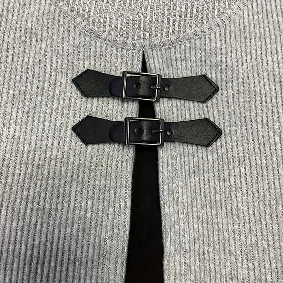 2/$40 Grey Ribbed Knit Attached Cardigan & Black Dress Set Sweater Buckle Detail - Picture 6 of 7